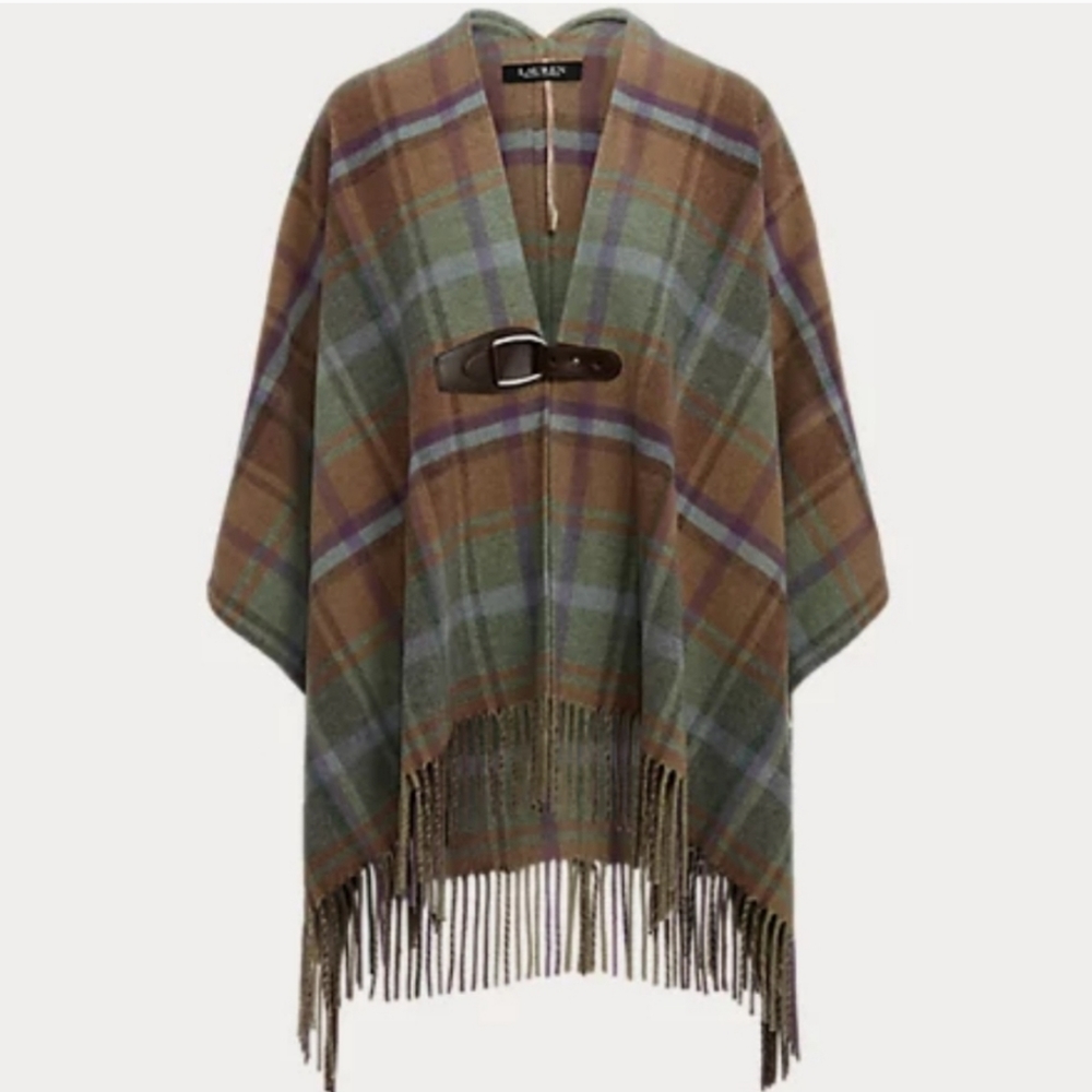 Ralph Lauren Poncho- Plaid Fringe-Trim Wool-Blend Poncho